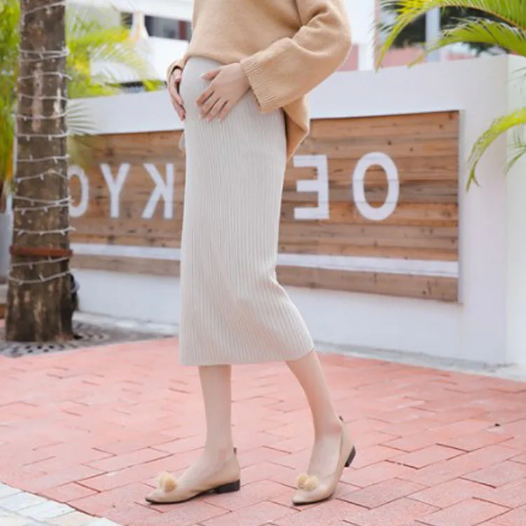 Apricot Maternity Skirt Autumn and Winter New Belly Support Dresses Long Slit Pregnant Women Knitted Skirt Pregnancy Dresses JOYRAY.B - Цвет: Apricot
