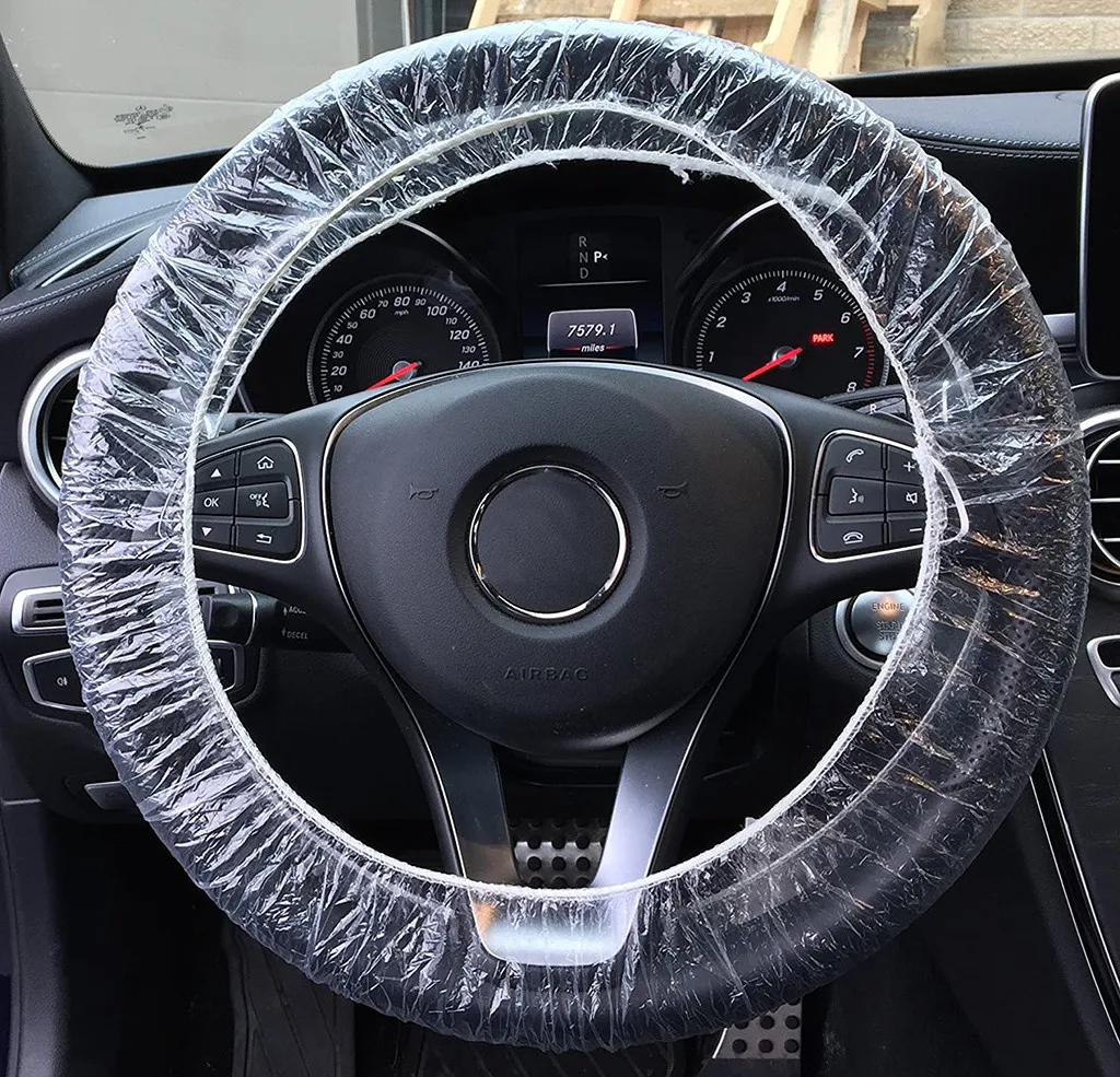 100pcs Car Steering Wheel Cover Disposable Plastic Steering Wheel Protector Cover Universal Vehicle Car Waterproof Transparent Cover for Car Interior Accessories