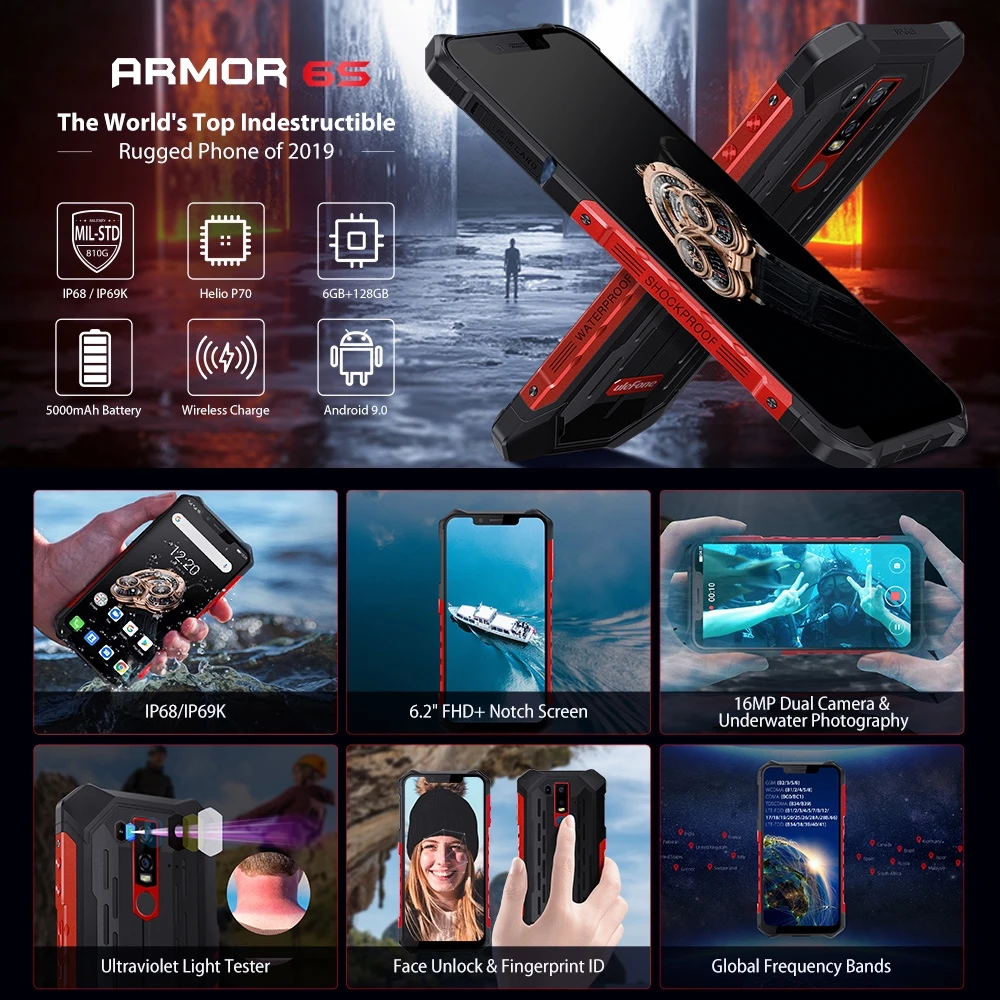 Ulefone Armor 6S Водонепроницаемый IP68 NFC прочный мобильный телефон Helio P70 Otca-core Android 9,0 6 ГБ 128 ГБ беспроводной зарядки смартфон