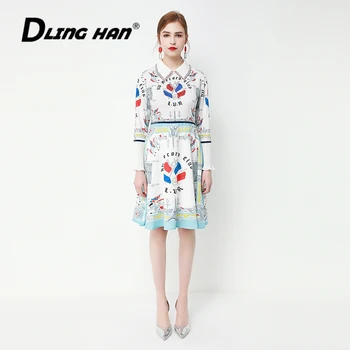 

LINGHAN Fashion Print Dress Women's Diamonds Peter pan Collar Flare Sleeve Midi Party Dresses Designer Spring Summer New