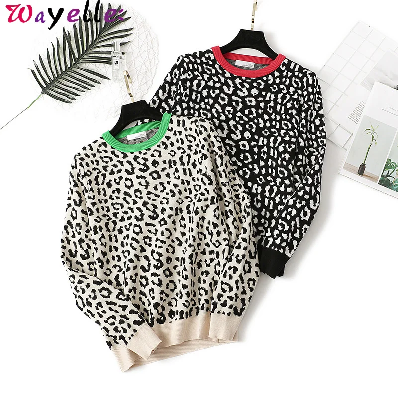 

Autumn Winter Women Sweaters Leopard Knitted Pullovers Women Long Sleeve Contrast Color Office Lady Crewneck Jumpers Pullovers