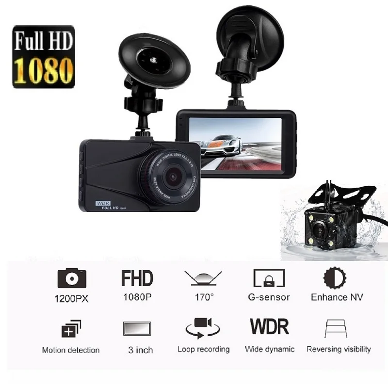 

3 Inch IPS Dash Cam DVR Full HD 1920x1080P Resolution Car Video Recorder Dash Camera Registrator 170 Degree Wide Angle+Rear 2 Ca
