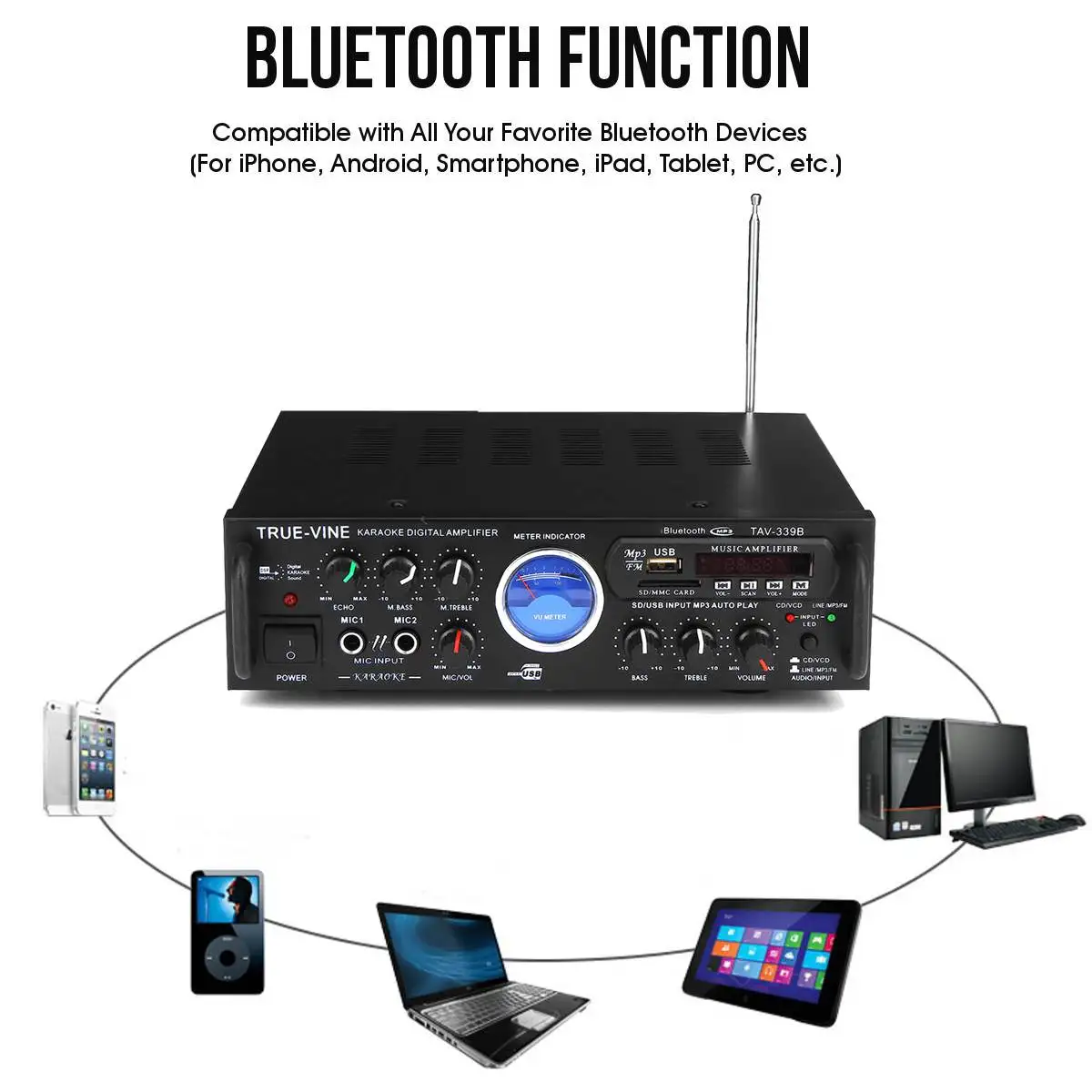 Sunbuck TAV-339B, 2 канала, 600 Вт, bluetooth, стерео усилитель мощности, автомобильные аудио усилители с VU метром, fm-радио, USB, SD карта