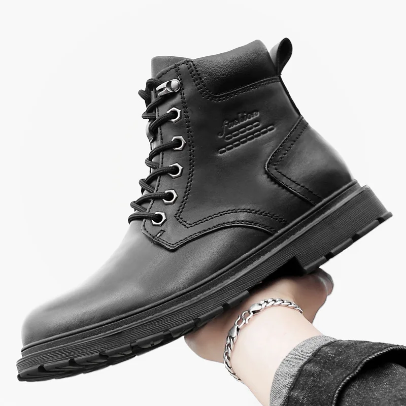 

Martin Boots Men Mid-top Ankle Boots Winter Cotton-padded Shoes with Velvet Genuine Leather England High Shoes Men Workwear Snow