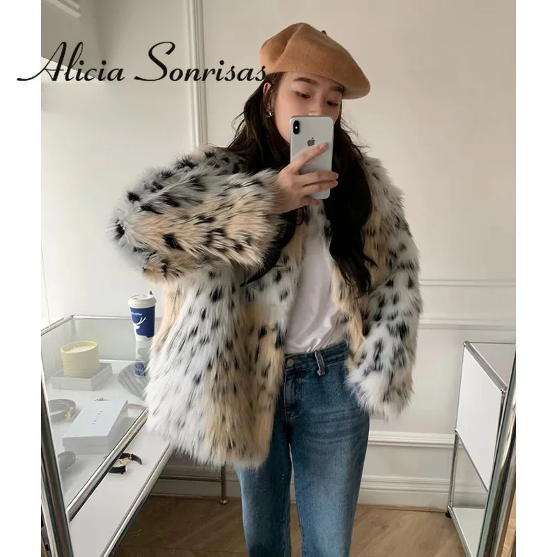 

2021 Fashion O-Neck Sheepskin Coat Women Winter Leopard Print Classical Loose Faux Fur Coat Long Sleeves Fluffy Jacket Femme