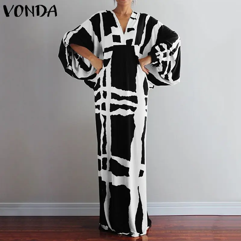 

VONDA Vintage Long Maxi Dress 2019 Autumn Sexy V Neck Long Sleeve Printed Dresses Femme Loose Sundress Casual Bohemian Vestidos