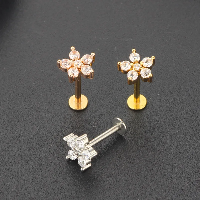 Crystal Flower Tragus Piercing Earring Flat 16G Cross