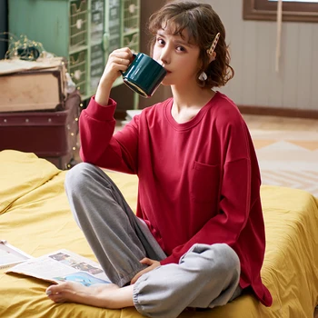 

PLUS size home suits women autumn new loose long-sleeved pajamas two-piece set pants pijama sleepwear femme