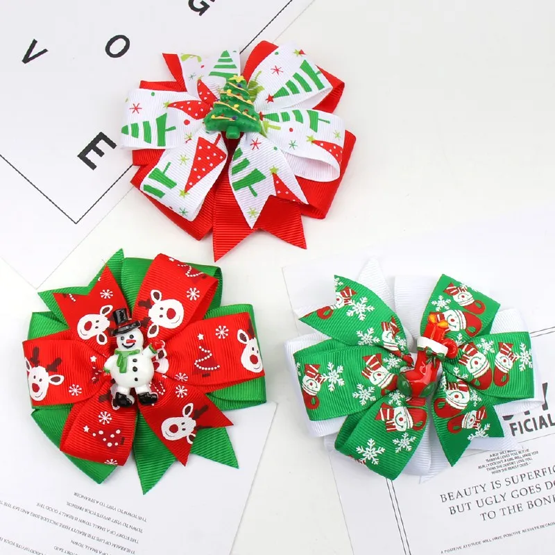 

CN 6 Pcs/lots 4 "Pinwheel Christmas Hair Bows For Girls Kids Christmas Tree Snowman Printed Hair Clips Festival Hair Accessories