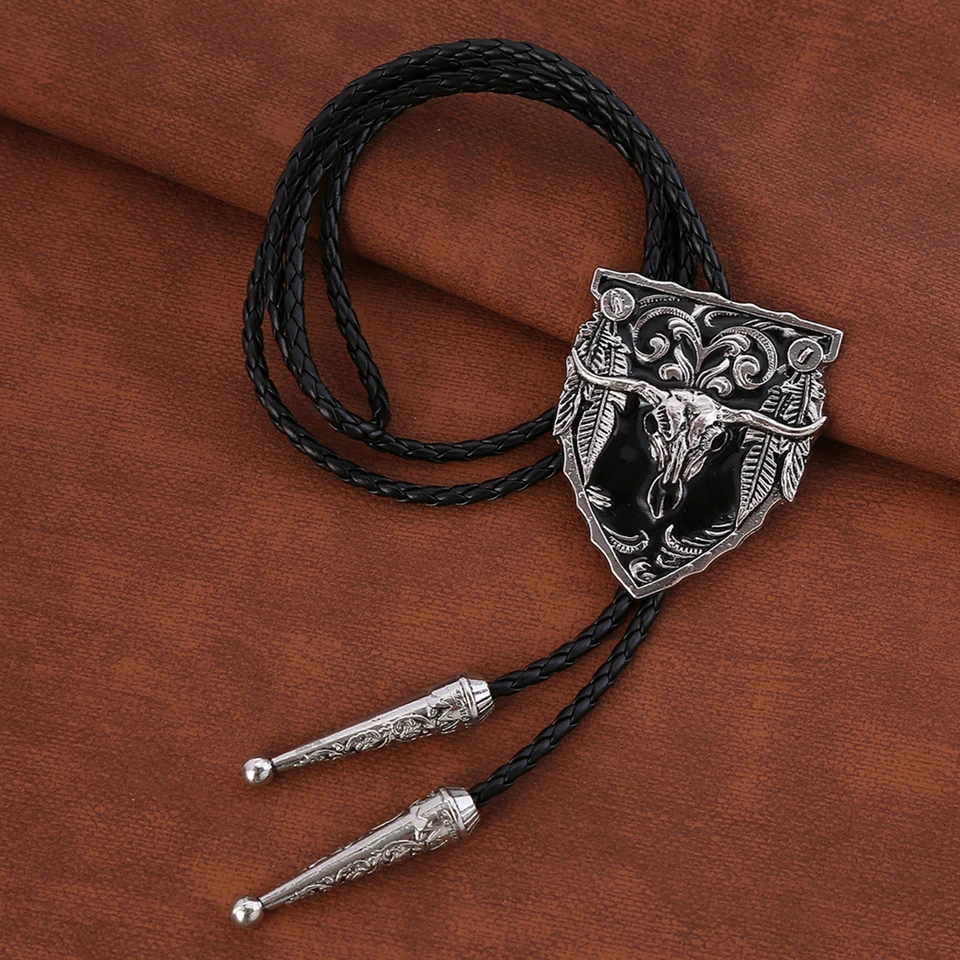 JOYMIAO 3D Bull Head Skull Bolo Tie – Zinc Alloy & Real Leather, Western Cowboy Necktie