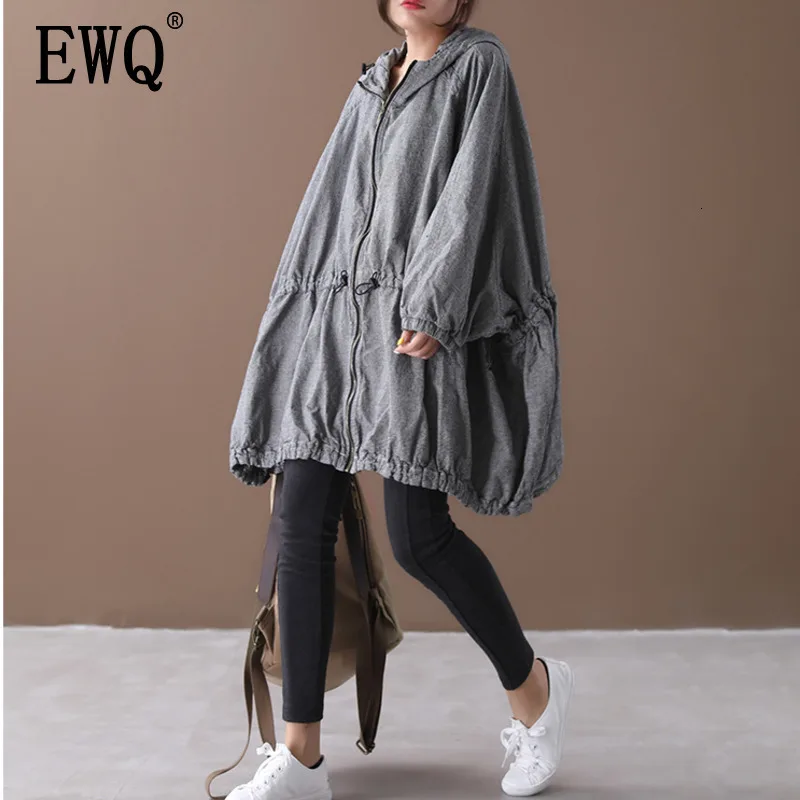 

[EWQ] 2019 Autumn New Pattern Office Lady Style A-line Loose Full Sleeve Solid Color Zipper Hooded Collar Windbreak Coat AF890