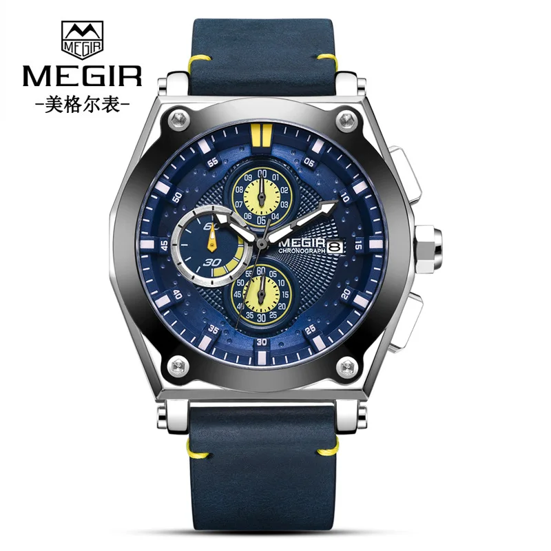 

[New Style natural detox gainer-Style Large Dial Multi-functional Timing Genuine Leather Quartz MEN'S Watch] Model: 2098