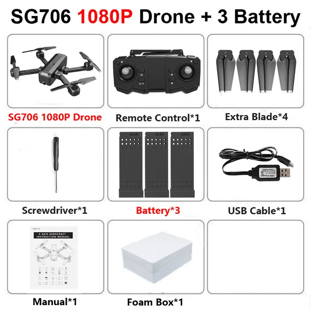 SG706 Folding drone 4k profesional WIFI FPV Quadrocopter with camera HD air selfie quadcopter Speed control optical flow Drones - Цвет: 1080P 3B FOAM