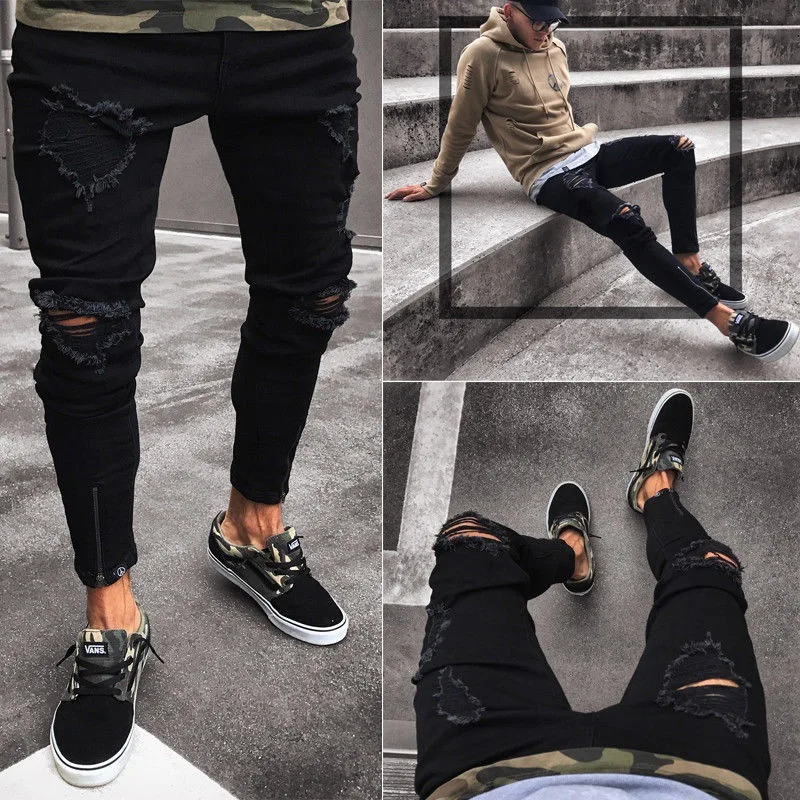 Mens Cool Designer Brand Black Jeans Skinny Ripped Destroyed Stretch Slim Fit Hop Pants With Holes For Men casual pants | Мужская одежда
