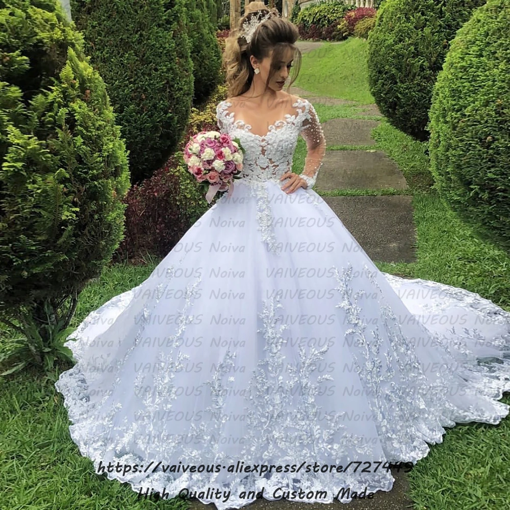 Gelinlik Роскошные Жемчужные Свадебные платья Vestido De Noiva прозрачные кружевные бальные платья с длинным рукавом свадебное платье Robe de Mariee
