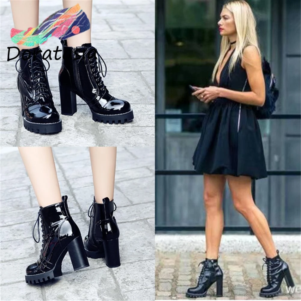 

Brand Big Size 41 Genuine Patent Leather Ladies High Heels Platform Shoes Woman Party runway show Autumn Winter Ankle Boots