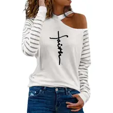 

Fashion Women Top One Shouldered Loose Fit Milk Fiber Fabric Striped Letter Printed Lady Blouse for Daily Wear