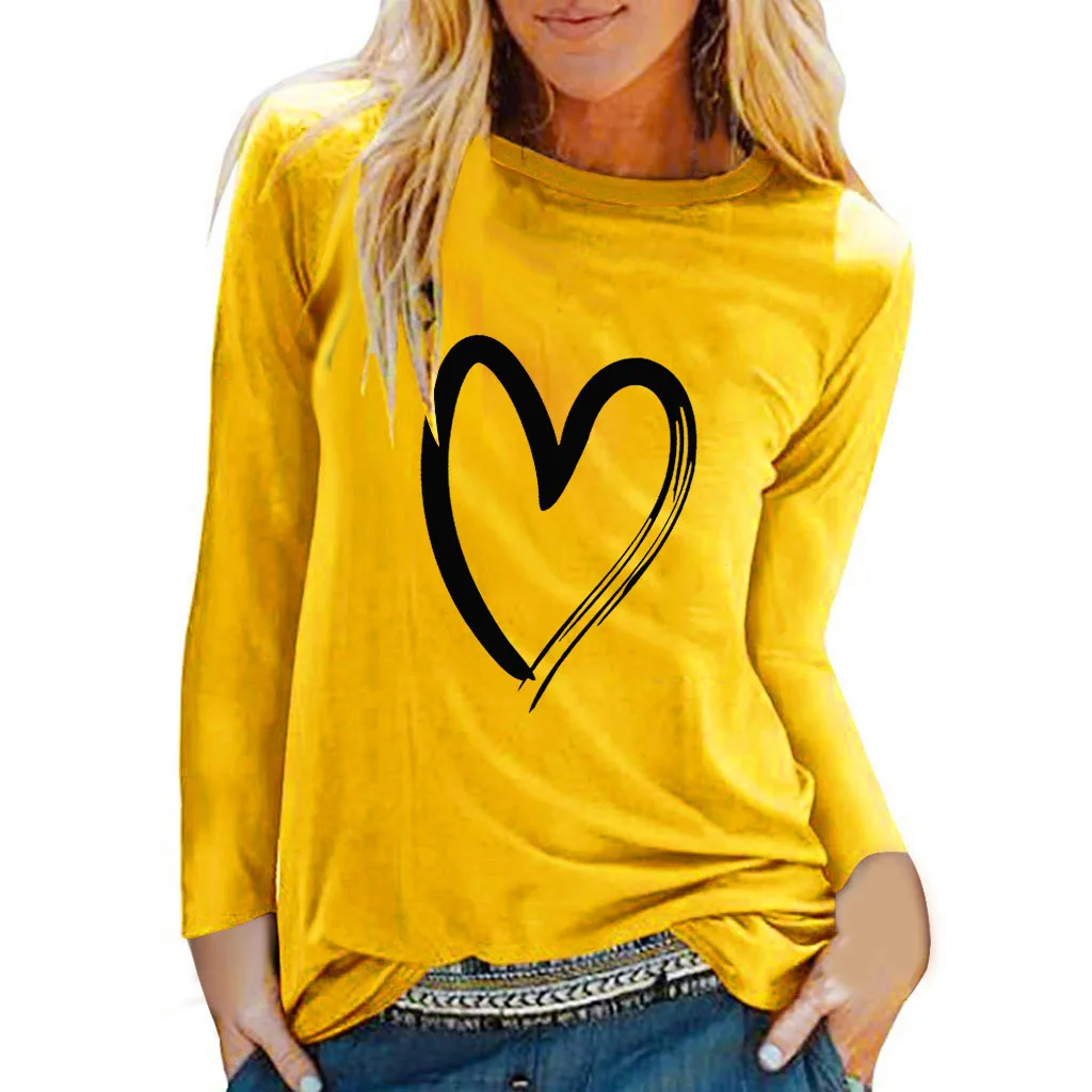 Футболка с сердечком размера плюс, женская футболка с принтом и длинным рукавом, тонкая простая Базовая футболка, Femme Top Camiseta Mujer, женская футболка - Цвет: Yellow