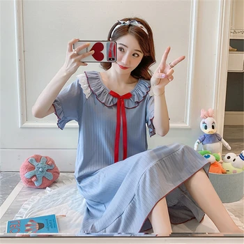 

Nightdress college wind palace nightgown female summer short-sleeved Korean version of cotton lace sexy dress loose home service