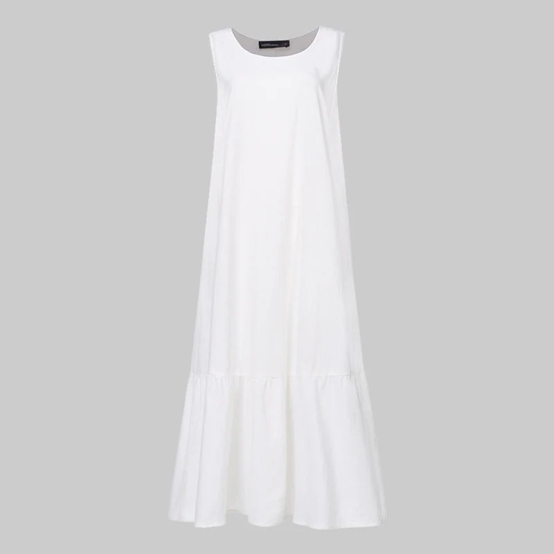 Plus Size Sundress Women Retro Linen Long Maxi Dress Celmia Summer Sleeveless Casual Loose Pleated Shirt Vestido Robe Femme