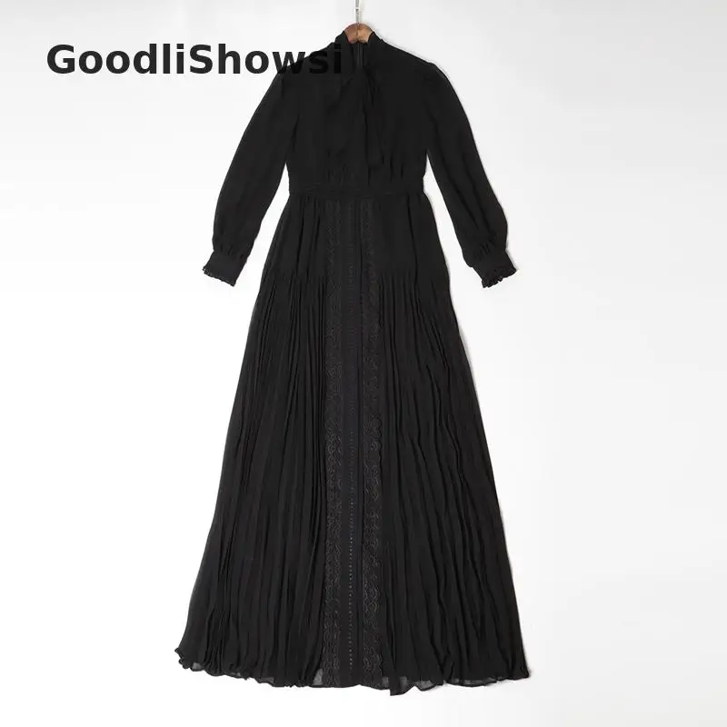 GoodliShowsi, Модное Элегантное Длинное Макси платье, одноцветное, с бантом, воротник, официальное платье с аппликацией, женское плиссе в гармошку, платья