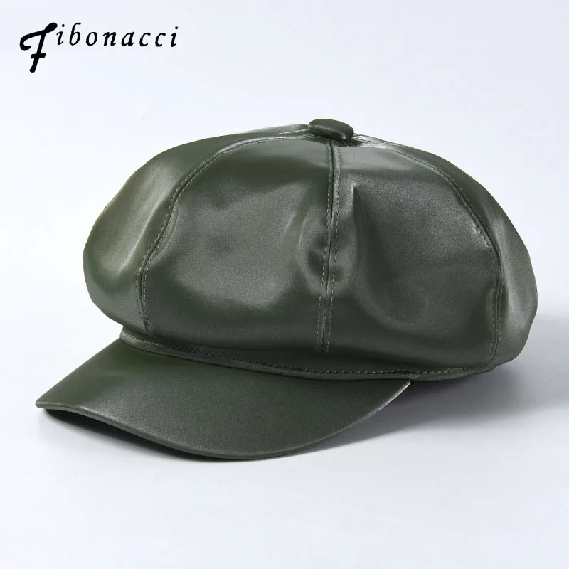 

Fibonacci Spring Autumn PU Women Berets 2019 New Solid Color Faux Leather Octagonal Newsboy Cap Vintage Painter Beret Hat