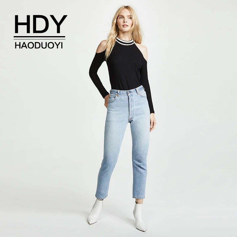 HDY Haoduoyi 2019 Casual Solid Crewneck Tops Cold Shoulder Knit Long Sleeve Super Comfy Soft Sexy Pullover Sweater | Женская одежда