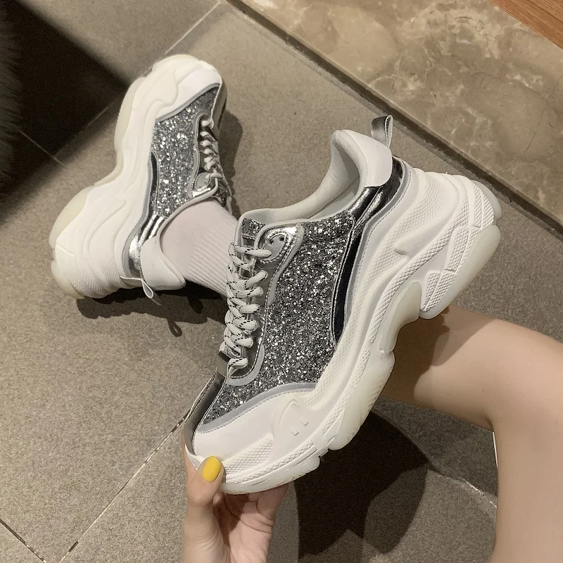 

Shine Glitter Women Sneakers 2019 Autumn New thick bottom Silver Wedges Heels platform sneakers Casual Shoes