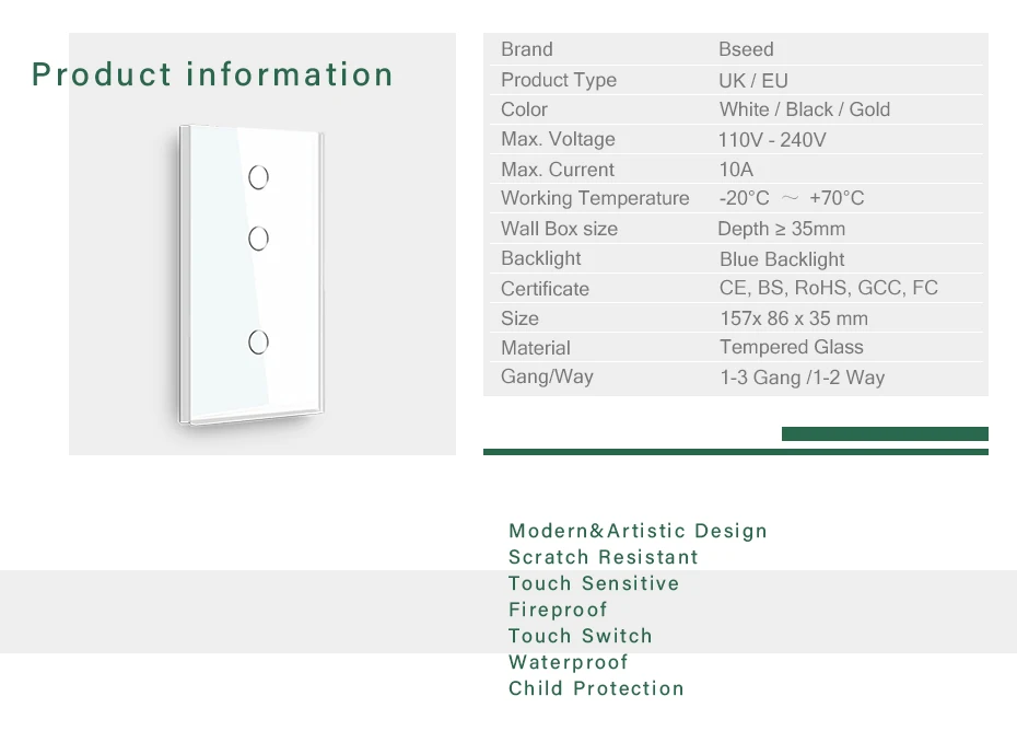 Switches, Crystal Class Painel, Branco, Preto, Dourado, 1Gang, 2Gang, 2Way