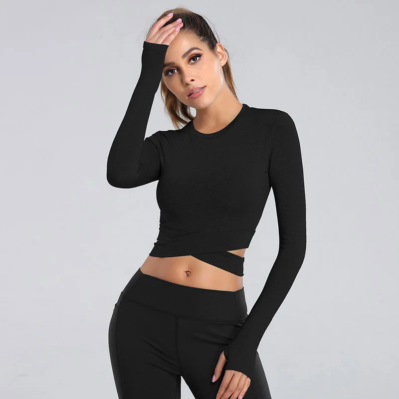 Women Long Sleeve Running Shirts Solid Sports Shirts Sexy Exposed Navel Yoga T-shirts Quick Dry Fitness Gym Crop Tops Sport Wear