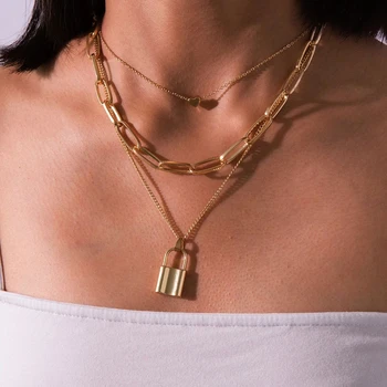 

Fashion Multi Layer Lock Pendants Necklaces for Women Punk Gold Metal Big Link Chain Necklace Statement Jewelry