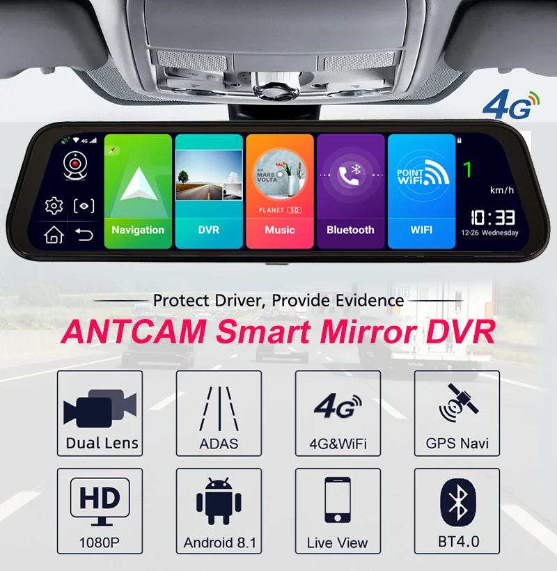 Antcam 12 inch Car Rearview Mirror DVR 4G ADAS Android 8.1 GPS Navigation Dash cam Dual Lens FHD 1080P Car Video Camera Recorder