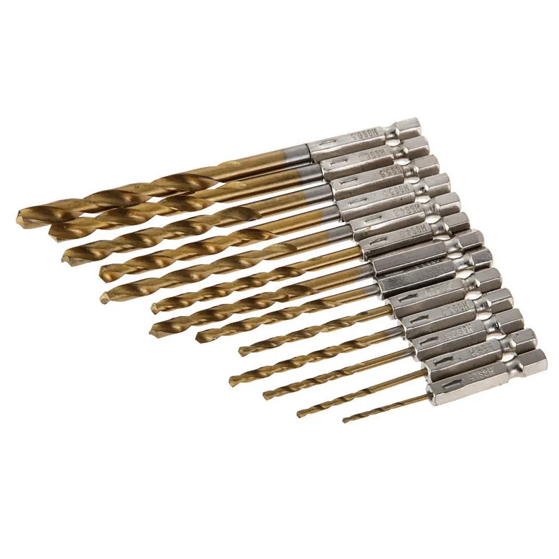 LAMEZIA 13pcs 1.5-6.5mm HSS Drill Bit Set Hex Shanks 1/4 Inch Titanium Coated Twist Woodworking Tools