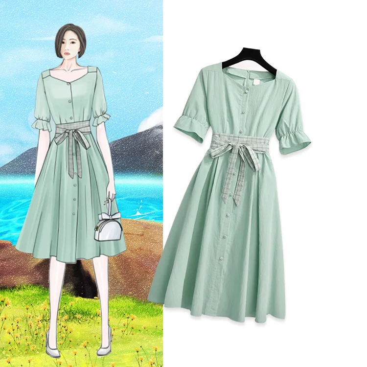 

Cotton Linen Dress Fairy Summer Square Collar Immortal Holiday Avocado Green Mid-length Sweet eggsshop Skirt