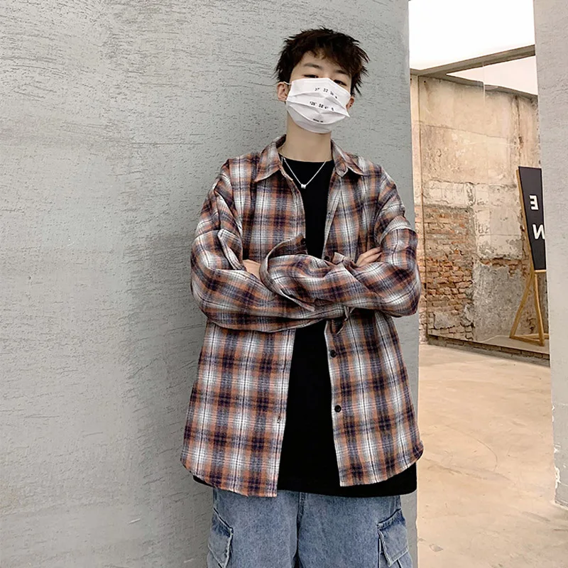 

Casual Shirts Men Long Sleeve Plaid Blouse Large Size Men's Shirt Baggy Japanese Streetwear Button Males Blue Clothes Vintage