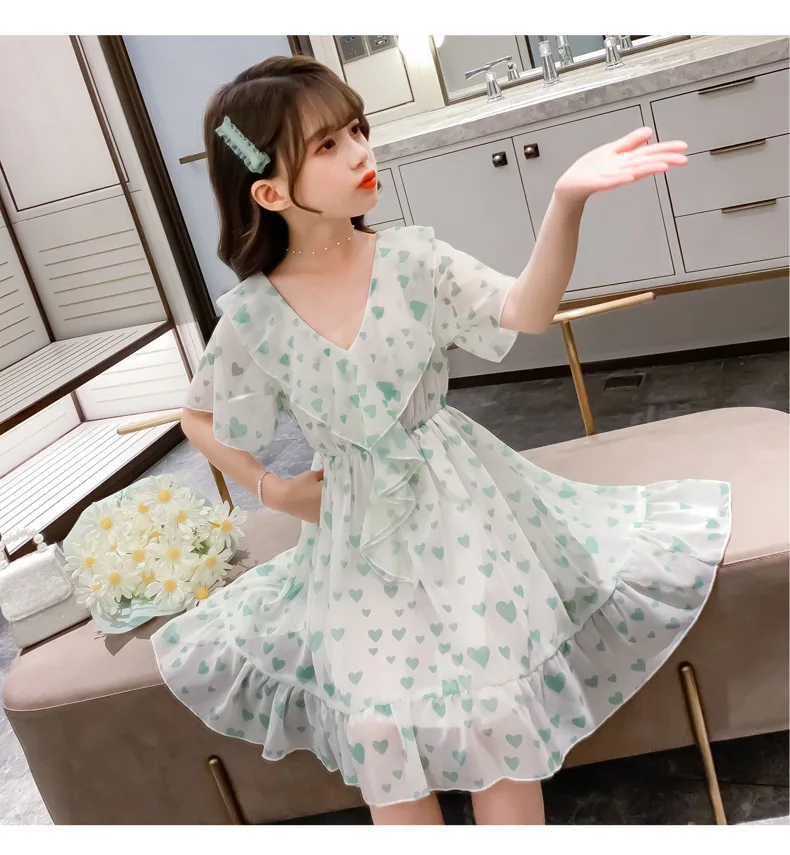 Summer Girls Chiffon Dress Kids Short Sleeve Pink Heart Print Floral Dresses Sweet Children's Princess Gown Children's Clothes- H6f7f4ddd329c41f7881e77fc5e96b58fn