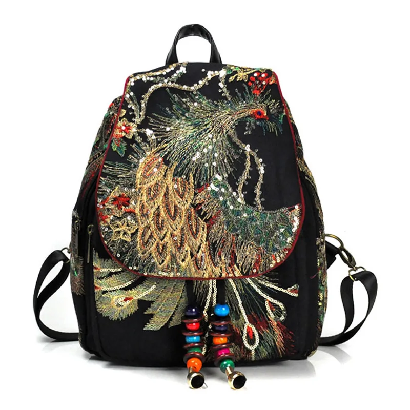 Ретро женские рюкзаки, этнический стиль, вышивка, Женский Павлин, школьная сумка, характеристики, бисерный брезентовый Рюкзак Сумки, новинка - Цвет: Black
