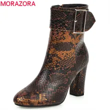 MORAZORA/ Новое поступление женские ботильоны змеиной кожи, с пряжкой и застежкой-молнией на осень-зиму с бантом, модные женские Обувь на высоком каблуке Женская обувь Большие размеры 43
