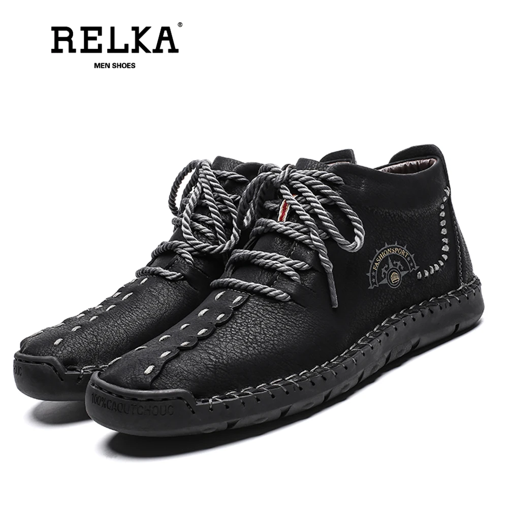 

RELKA 2019 New Casual Winter Boots Large Size 45 46 47 Men's Plus Velvet Leather Shoes Fashion Outdoor Shoes Men's Shoes B9