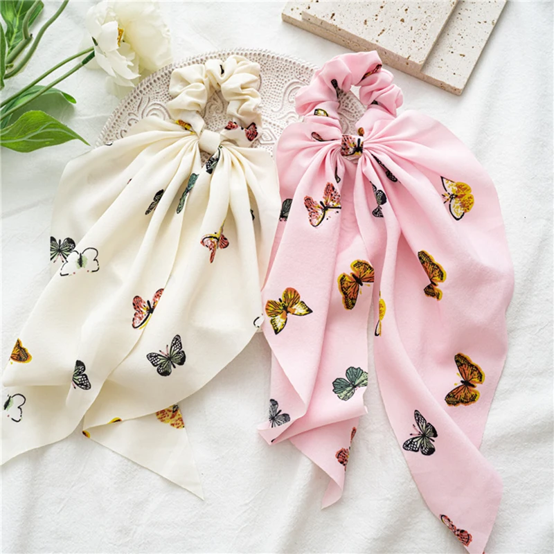 Chiffon Butterfly Pattern Ponytail Scarf Women Girls Bow Hair Scrunchies Floral Long Streamer Ribbon Bands Accessories |
