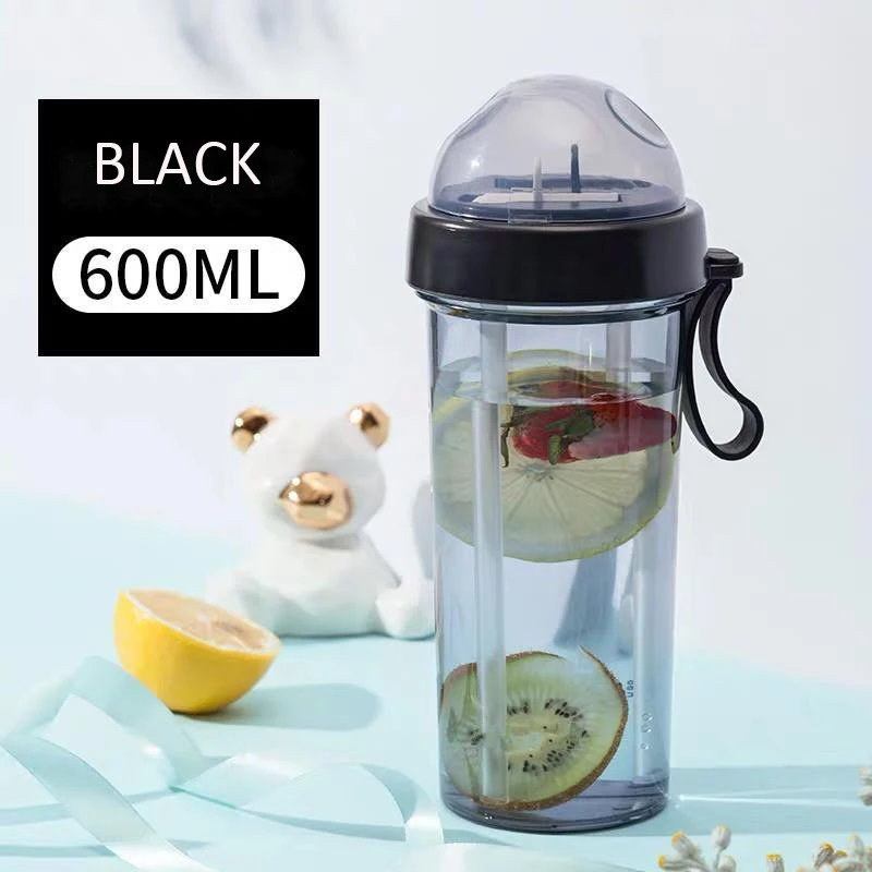 420/600ml Kawaii Double Straw Water Bottles Creative Lovers Drink Cup for Girls Portable Sports Plastic Water Bottle BPA Free - Цвет: BLACK 600ML