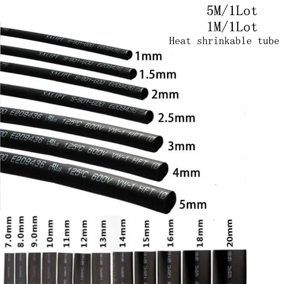5 /1 metros/lote negro 1mm 1,5mm 2mm 2,5mm 3mm 3,5mm 4mm 5mm 6mm Tubo aislante termoencogible