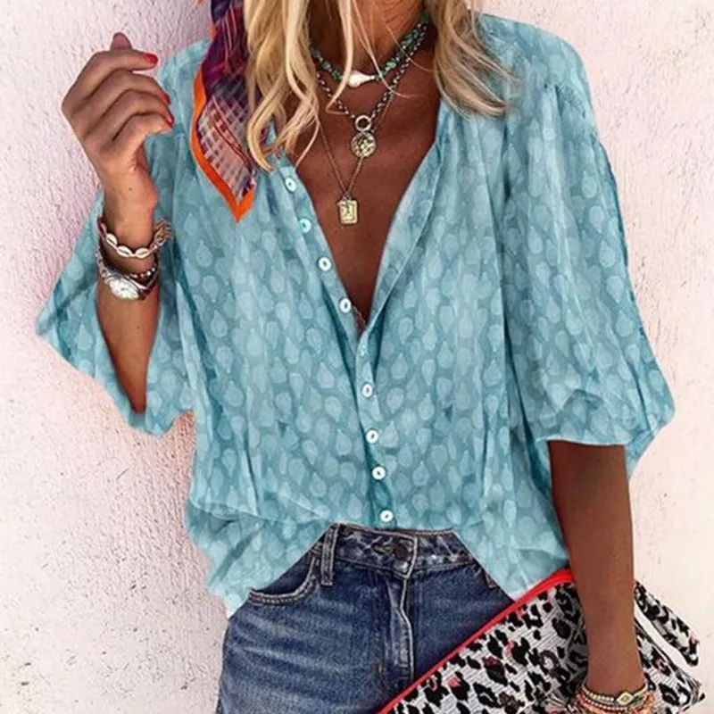 

Hot Spring Autumn Vintage Button Loose Casual Shirts Boho V-Neck Floral Print Blouses 3/4 Quarter Sleeve Plus Size Shirts