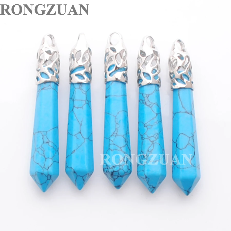 RONGZUAN Natural Blue Howlite Turquoises Gem Stone Hexagonal Pointed Reiki Chakra Pendant Bead 5PCS Jewelry TN3004 | Украшения и