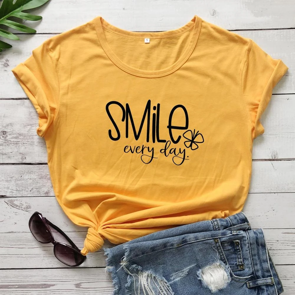 de algodón para mujer, prenda de vestir, con mensaje "Smile Every Happy find joy", moda para chica hipster joven, blusas estampadas, L555|Camisetas| - AliExpress
