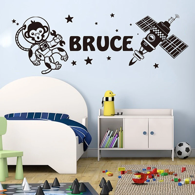 Custom Name Astronaut Monkey Satellite Wall Sticker Boy Room Kids Room Personalized Name astronomy Star Wall Decal Bedroom Art  (3)
