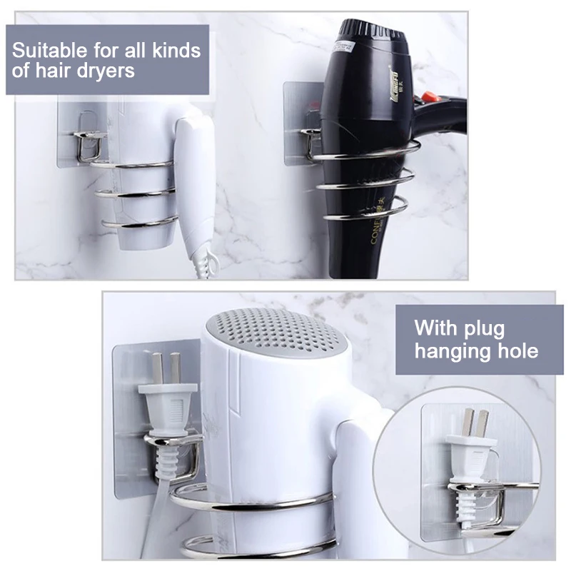 Hair Dryer Holder Blower Organizer Adhesive Wall Mounted Nail Free No Drilling Stainless Steel Spiral Stand Storage For Bathroom 5