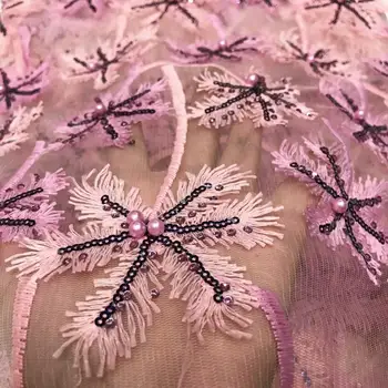 

High-end fashion African Lace Fabric 2020 High Quality Lace Pink Bridal Lace Fabric With Beaded Nigerian Tulle Mesh Lace Fabrics