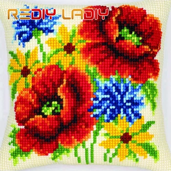 

Cross Stitch Cushion Poppies Bouquet DIY Chunky Cross-Stitch Kits Acrylic Yarn Pillow Case Home Decor Sofa Pillows Arts & Crafts