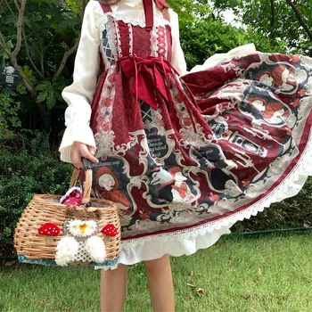 

Palace Princess Sweet Lolita Dress Retro Falbala Lace Bowknot Printing Medieval Victorian Dress Kawaii Girl Gothic Lolita Jsk